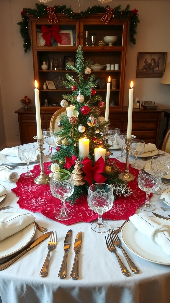 An elegant Christmas table setting with a small tree centerpiece, festive tablecloth, and decorative elements.